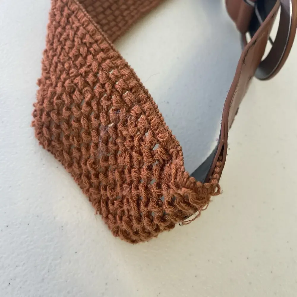 Vintage Brown Waffle Knit Yarn Elastic Belt Size Small Boho Y2K 90s Faux Leather